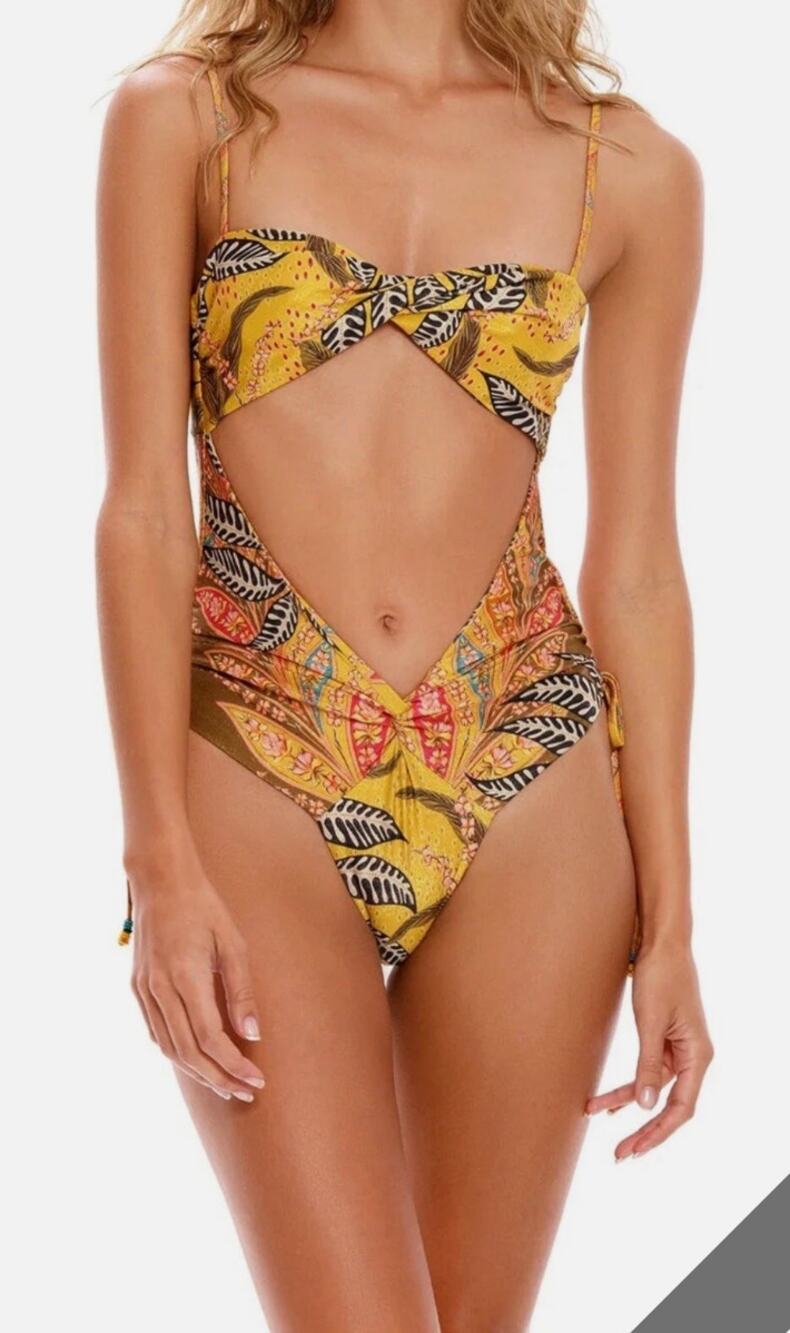 Agua Bendita Swimsuit Medium Nyssa Lula Yellow One Piece Beaded Cutout Tropical